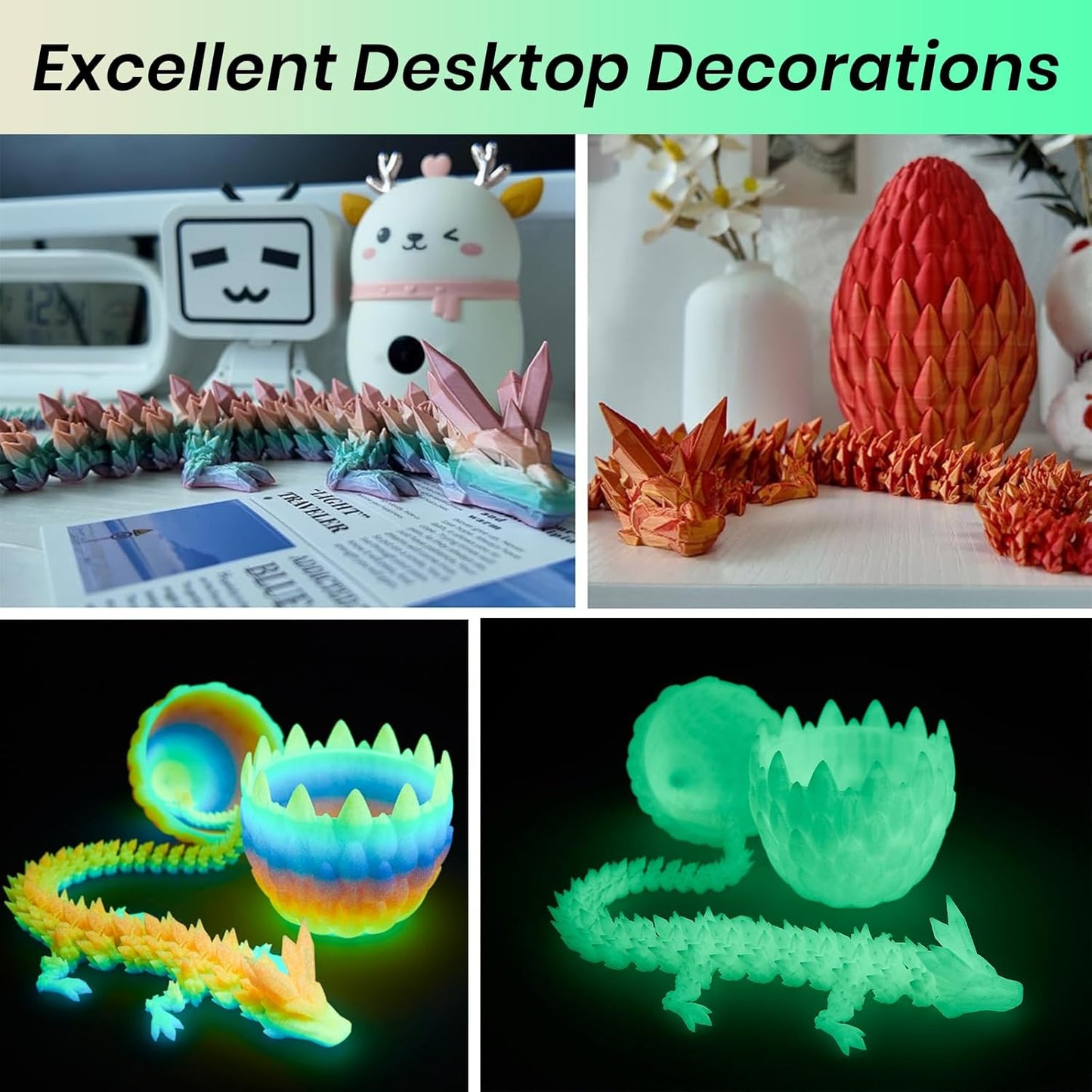 Dragon Egg,15 inchs Crystal Dragon,Articulated Dragon, Fidget Toys for Autism/ADHD,3D Printed Gift Toy, Executive Desk Toys,Home Office Decor (Luminous Green)