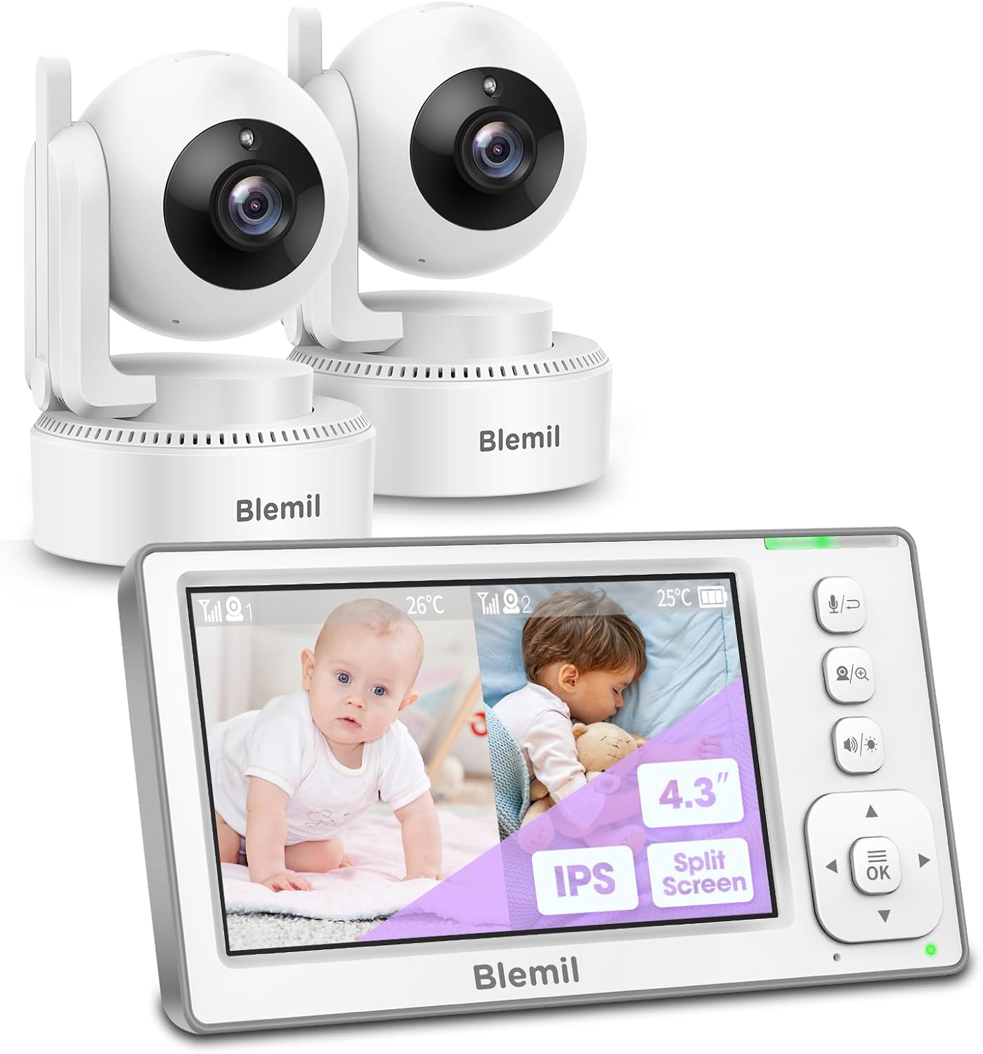 Baby Monitor with 2 Cameras and Audio, 4.3'' IPS Split-Screen Monitor with 29-Hour Battery, 1000ft Range Pan-Tilt-Zoom Video Baby Monitor No WiFi, 2X Zoom