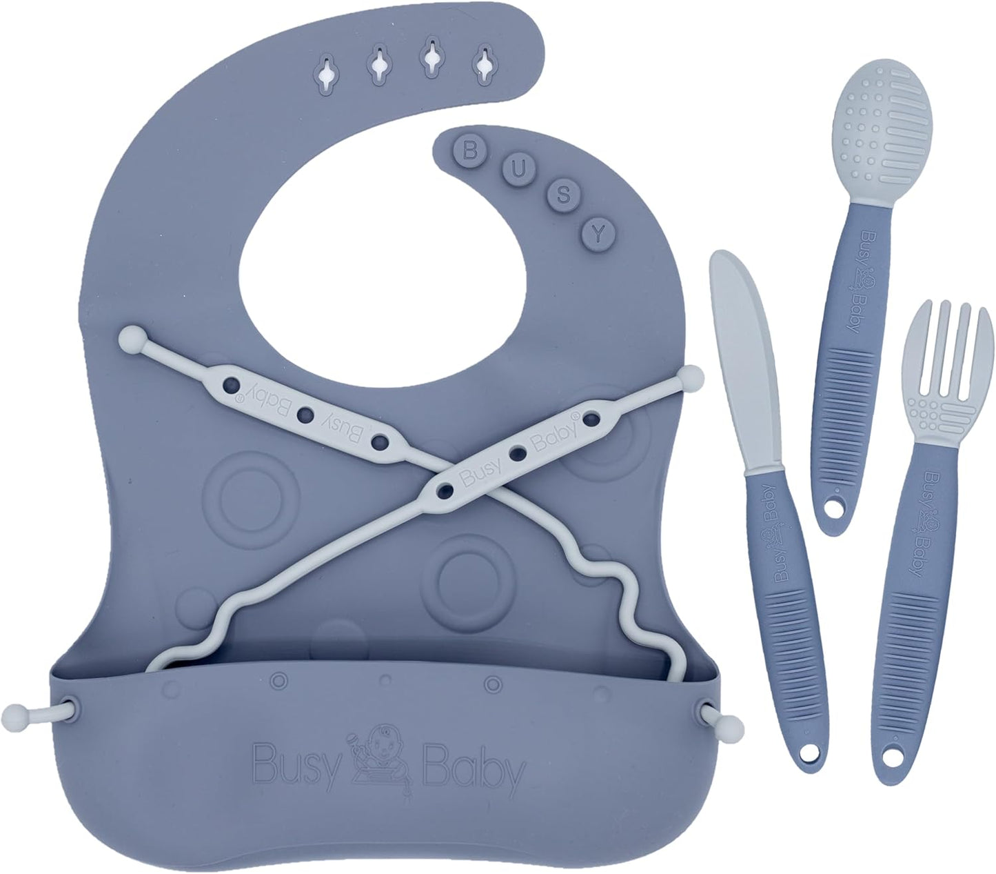 BUSY BABY Bungee Bib & Utensil Set – Adjustable Silicone Bib with Pocket & Tethered Utensils for Babies & Toddlers