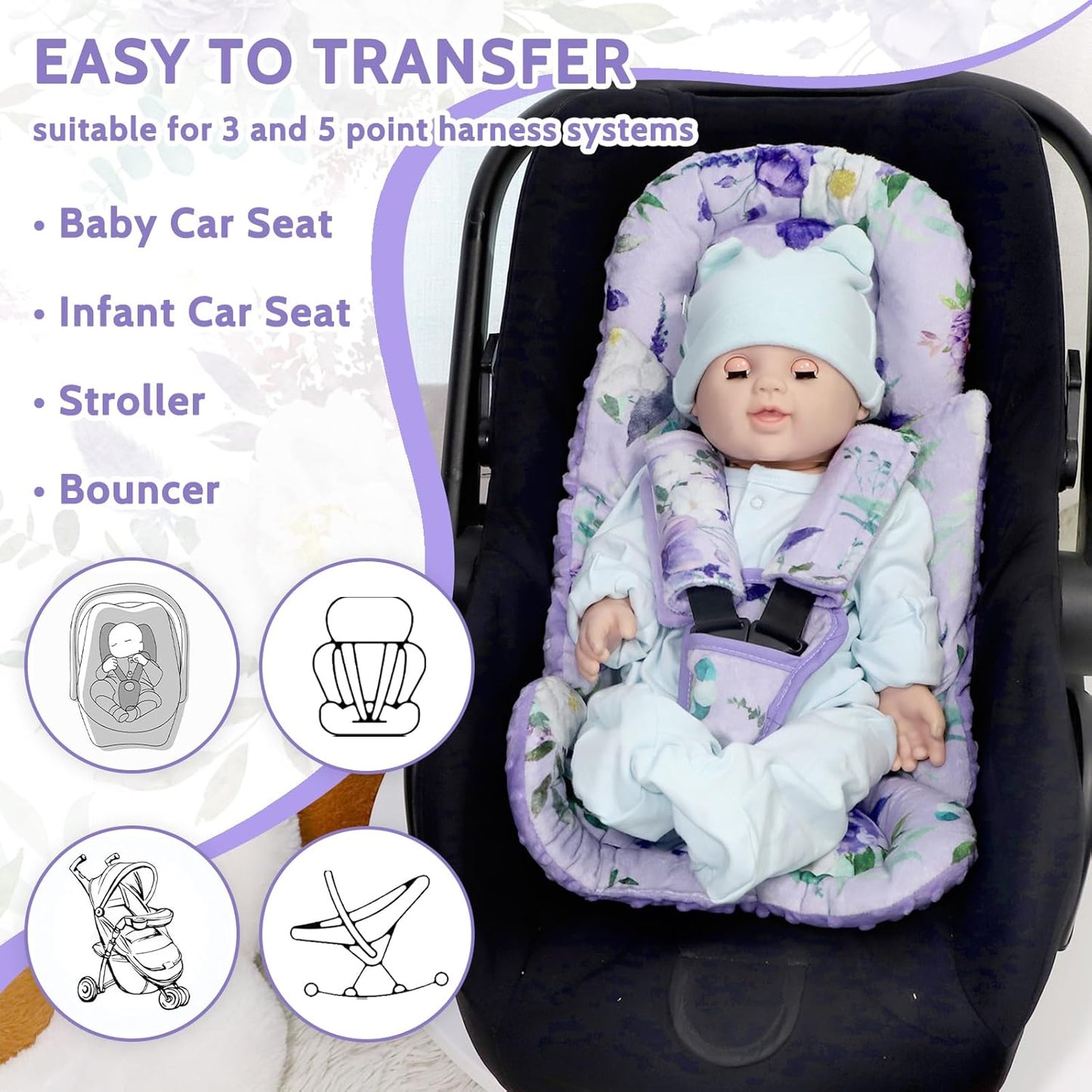 Infant Car Seat Insert and Strap Covers, Very Soft Car Seat Head Support Baby Girl Boy, Reversible Newborn Carseat Insert Cushion Fits for Stroller, Baby Swing, Bouncer (Purple Floral)