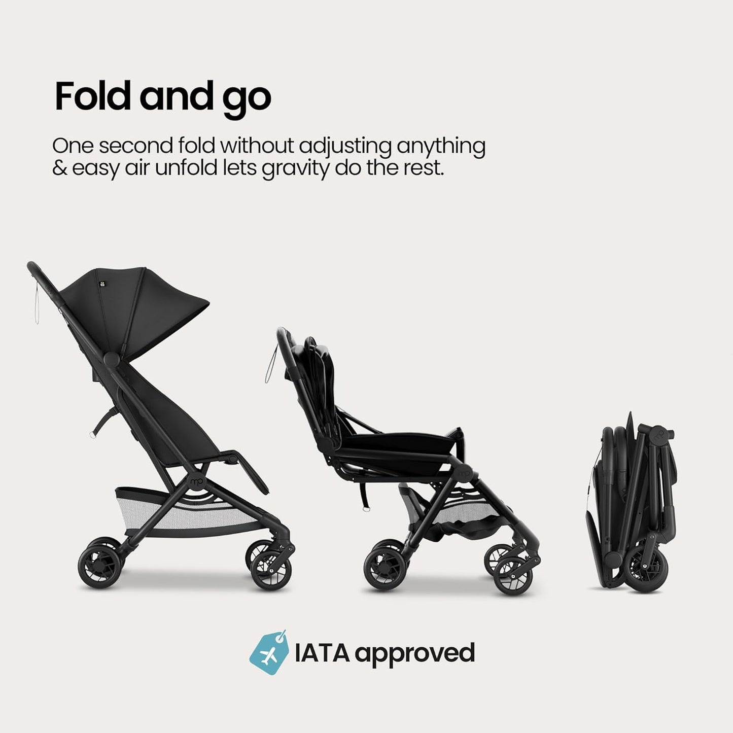 Mompush Velo Lightweight Travel Stroller – One-Hand Fold, Ultra-Compact & Airplane Friendly, Lie-Flat Recline Seat (from Birth to 50 lbs), Includes Cup Holder, Shoulder Strap, and Leather Bumper Bar