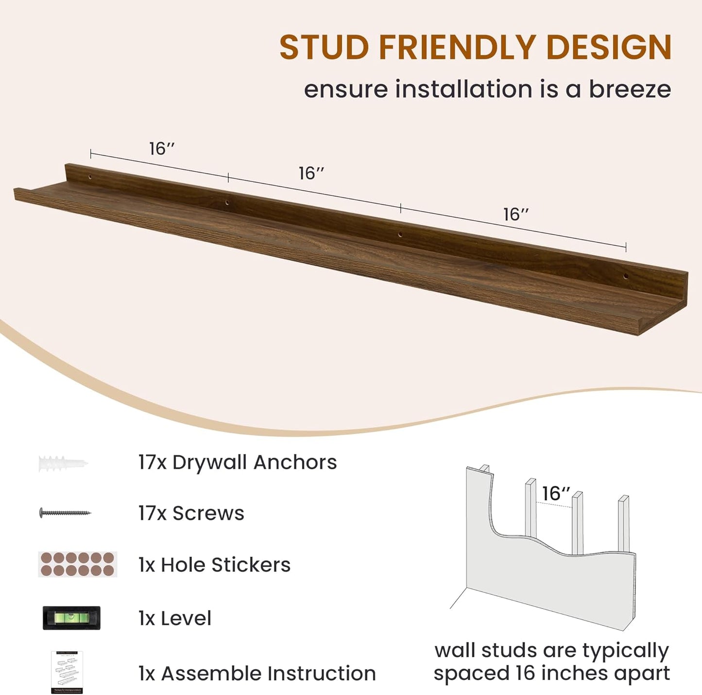 Axeman Picture Ledge Shelf, Floating Shelves for Wall Decor Storage Set of 6, 55 inch Floating Wall Mounted Shelves, Wall Shelves with Lip for Living Room, Bedroom, Nursery, Bathroom, Kitchen, Walnut