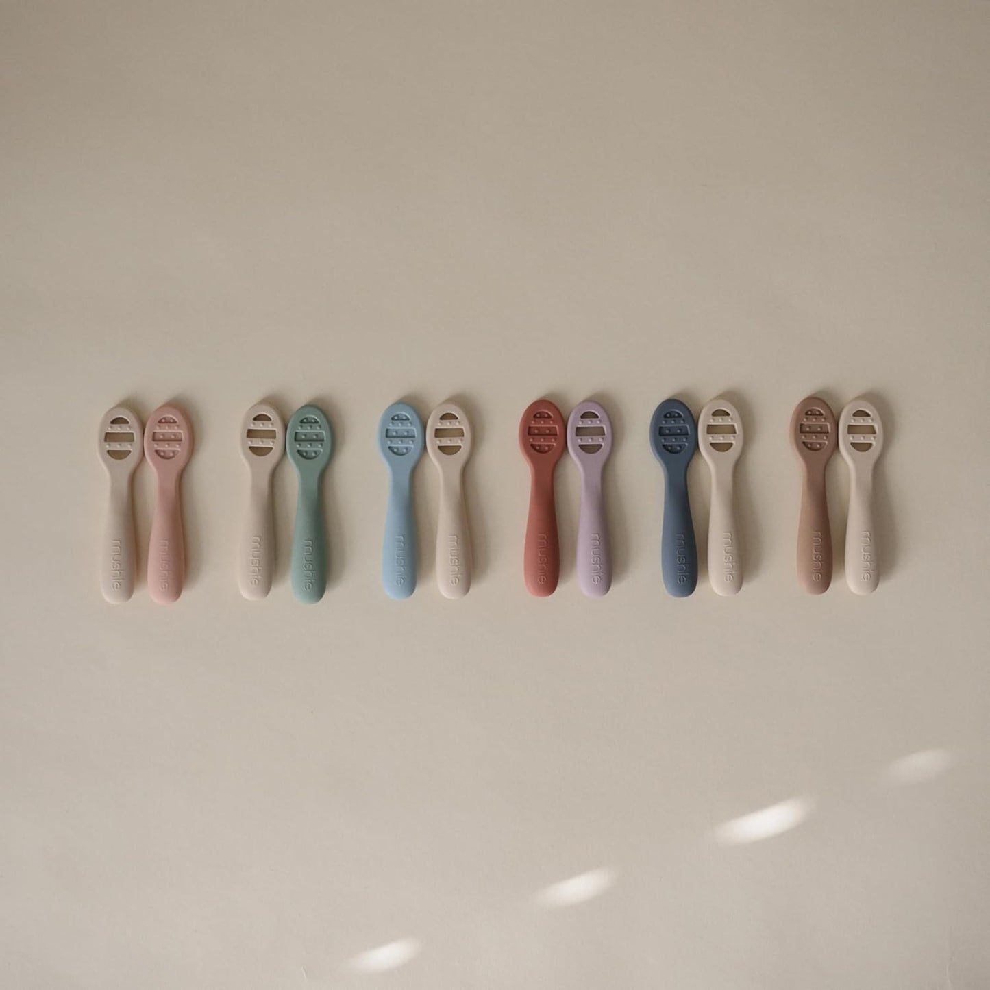 mushie Silicone First Feeding Baby Spoons | 2 Pack (Powder Blue/Shifting Sand)