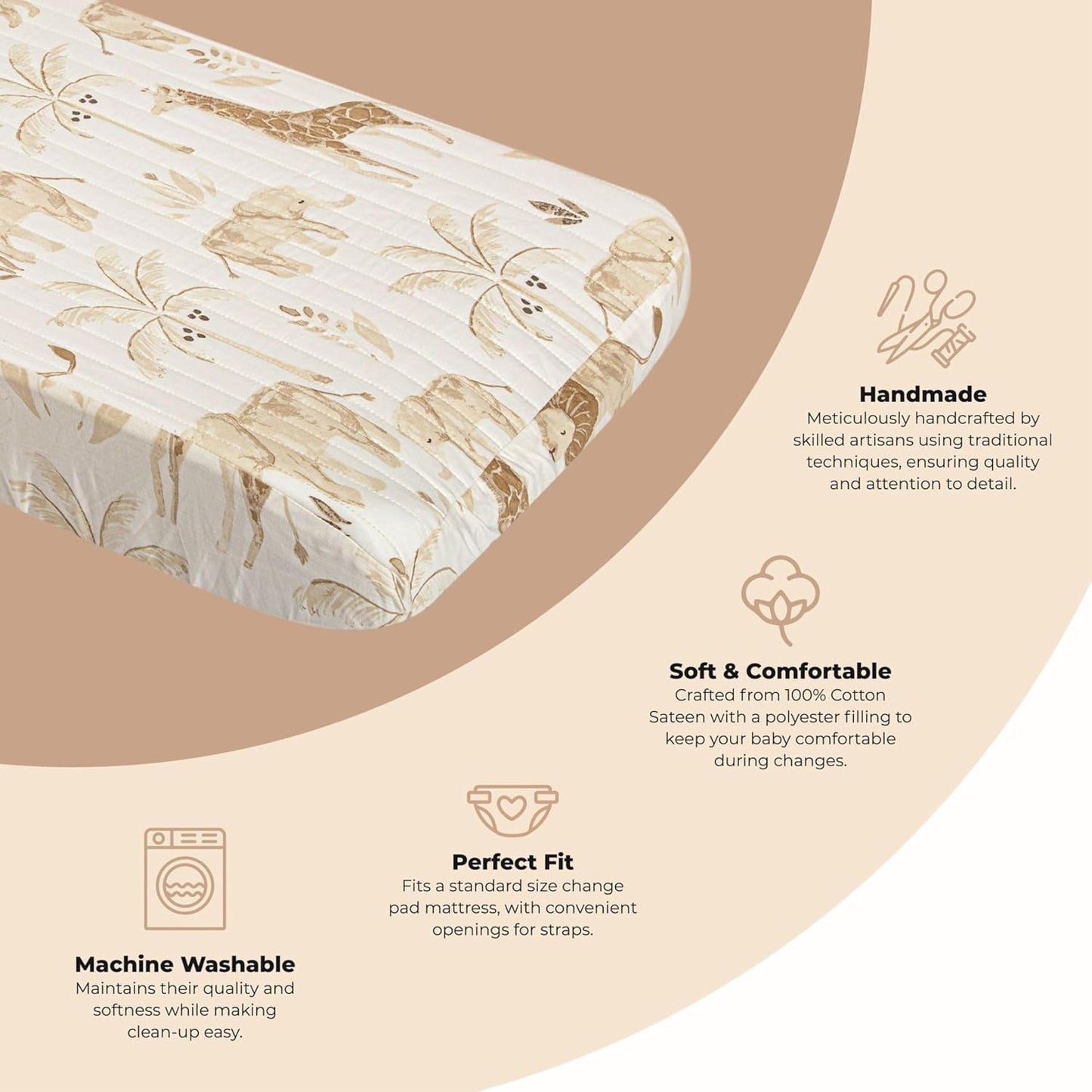 Crane Baby Jungle Theme Changing Pad Cover, 100% Cotton, Quilted Design, Machine Washable, Elastic Fit, Safari Animal Nursery Decor