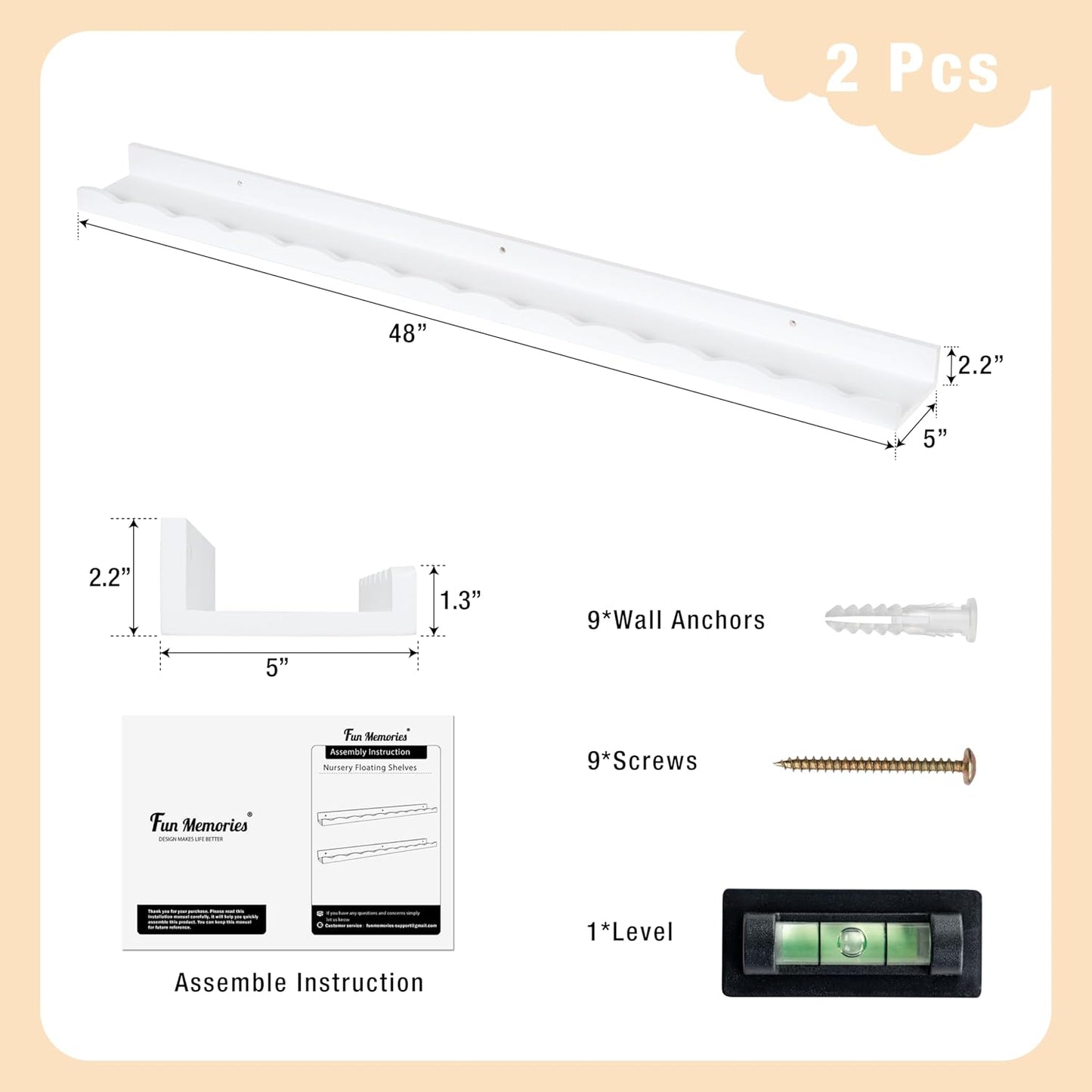 Fun Memories Picture Ledge Shelf for Wall, 48 inch Pine Wood Nursery Book Shelves Set of 2- Wall Book Shelves for Kids Room, Home Decor - Kitchen Spice-White