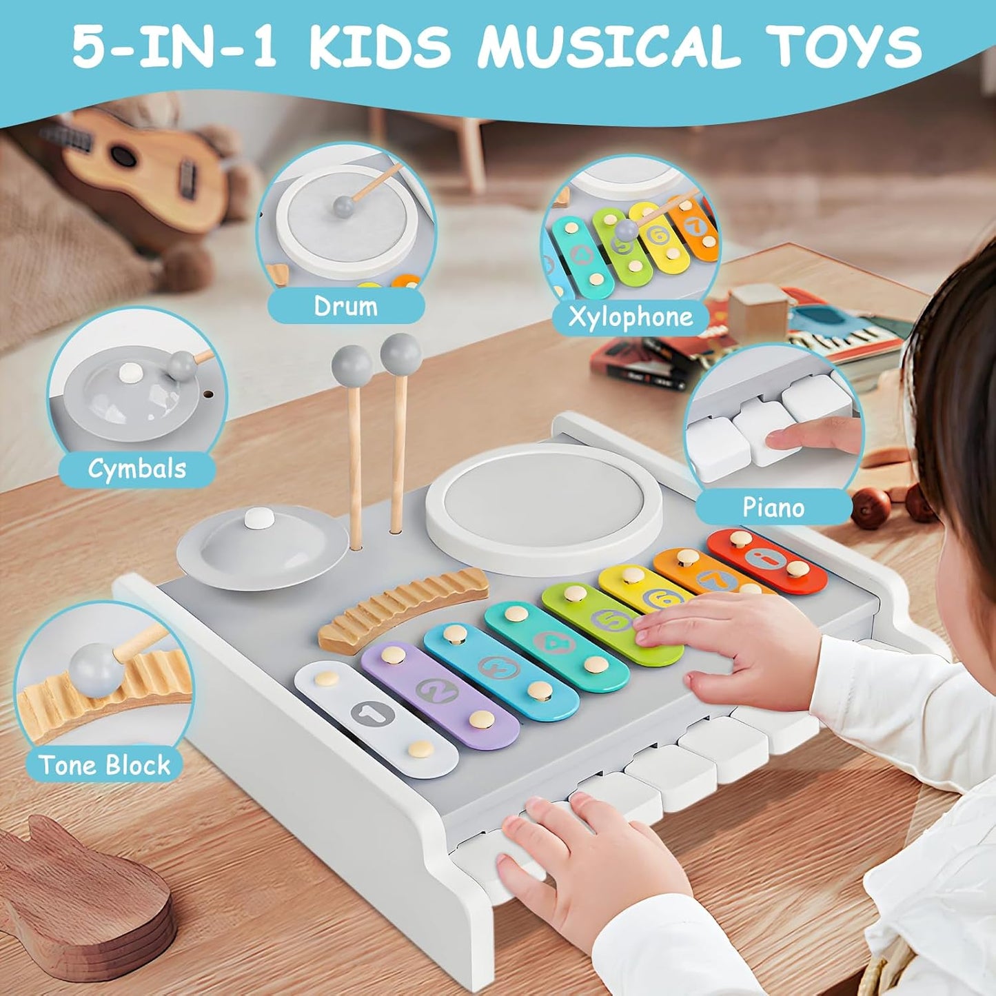 Kids Musical Instruments Piano Drum Set - 5 in 1 Montessori Toys for Toddler Baby, Wooden Music Kit with Piano Keyboard Xylophone, Preschool Educational Sensory Toys, Gifts for Boys Girls 1-8