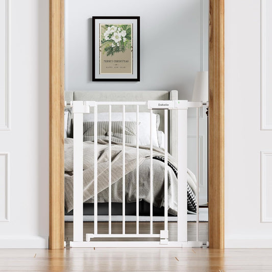 BABELIO Baby Gate for Doorways and Stairs, 26-31" Pet Gate with Wide Walk Thru Door and Lock Indicator, No Drill Pressure Mounted Safety Gate with Double Lock and Self-Closing, White