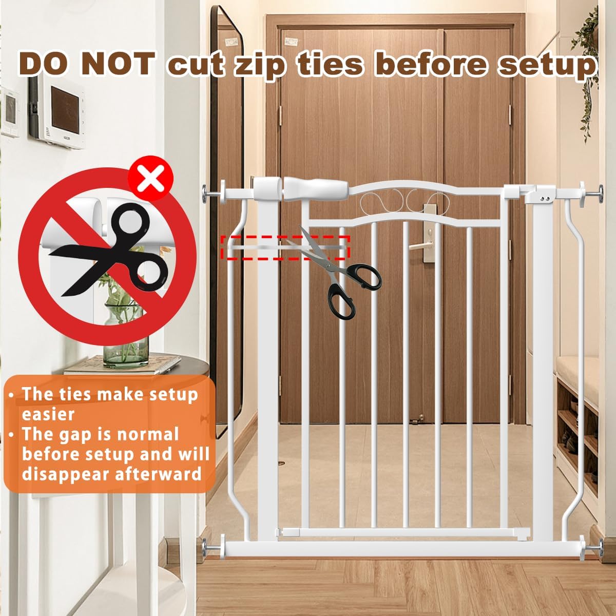 29.5-43.7" Wide Baby Gate for Stairs No Drilling, 30" Tall Metal Pet Baby Safety Gates with Expansion Kit, Press Mounted Dog Gate Indoor for Kids, Walk Through Dog Gates for Doorways, White