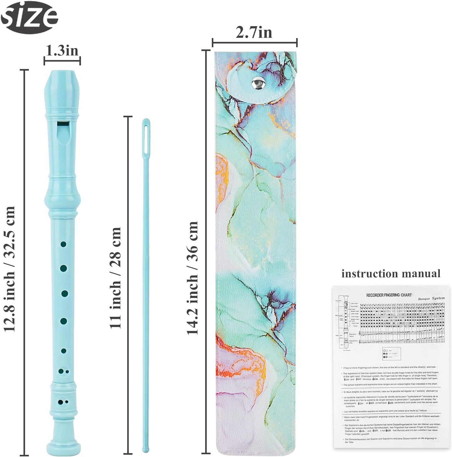 Recorder Instrument for Beginner Adults,8-Hole Soprano Descant Recorder Music Flute with with Cleaning Rod & Leather Case For Home Entertainment(2-Blue Green Splash-ink)