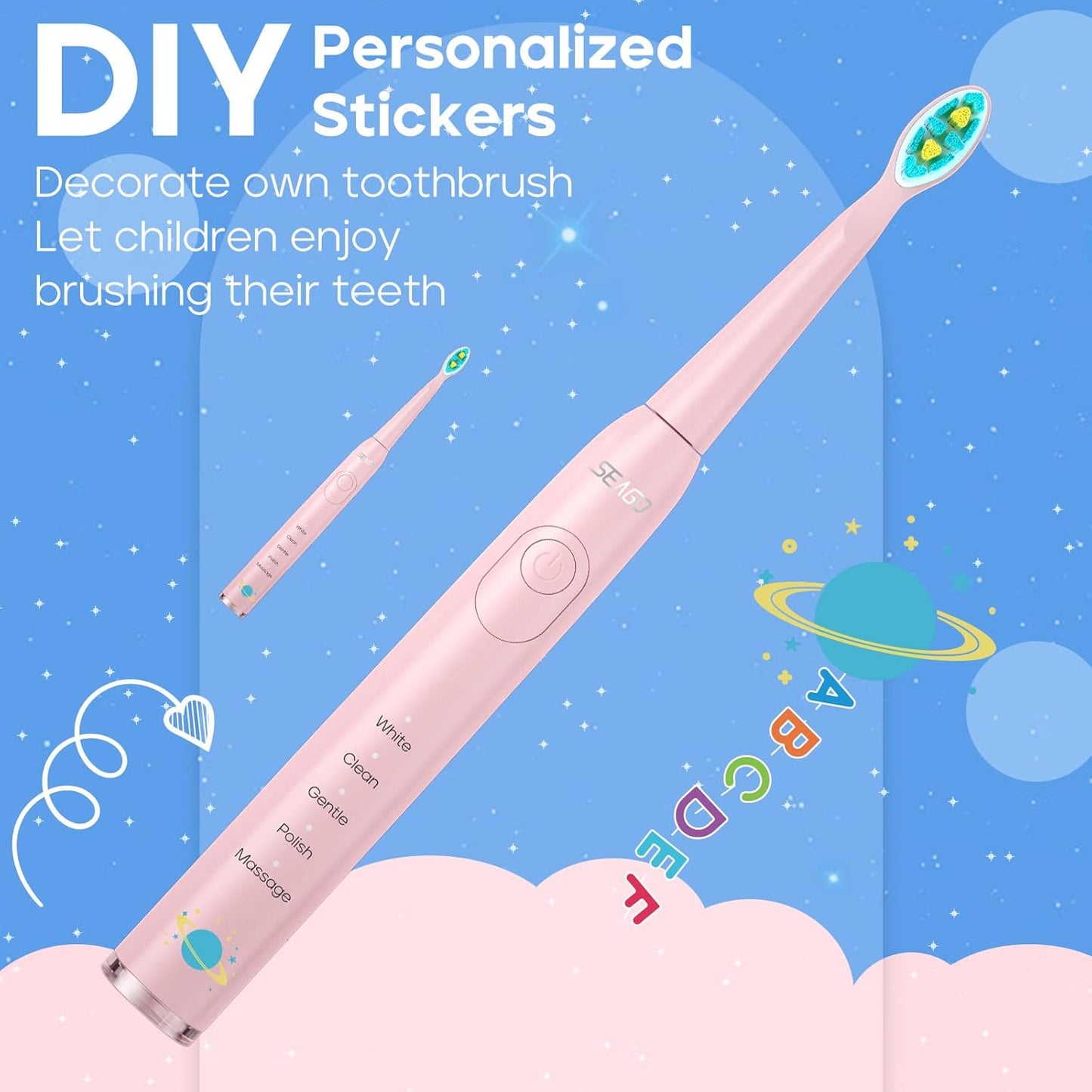 SEAGO Kids Electric Toothbrush, Sonic Soft Bristle Rechargeable Toothbrushes with DIY Stickers, 5 Modes, Includes 4 Replacement Brush Heads, Ages 3 to 12 Years Old (Pink)