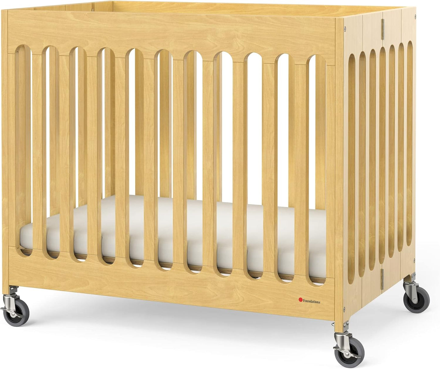 Foundations Boutique Folding Mini Baby Crib - Compact, Portable, Wooden Hotel Crib, Foldable Mini Cribs for Baby & Toddlers - Includes 3" Foam Mattress - Natural
