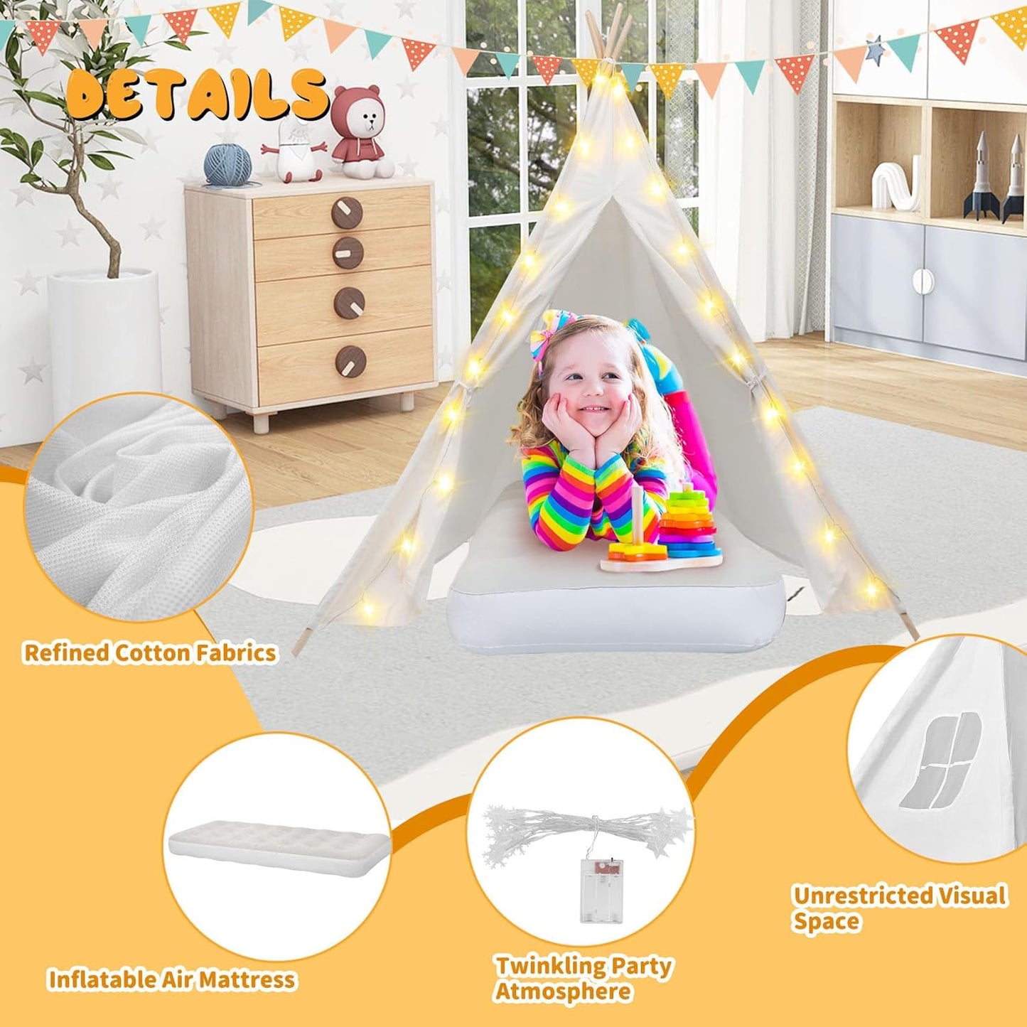 6 Pack Teepee Tent for Kids [Thickened] with Light String and Inflatable Airbed, Slumber Party Tents, Sleepover Tents Party for Girls Boys Indoor Outdoor (White)