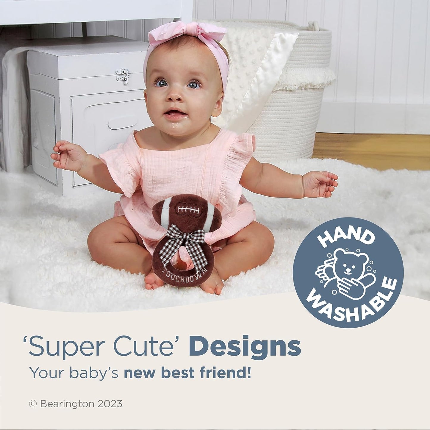 Bearington Baby Touchdown, 5.5 Inch Plush Stuffed Baby Football Soft Ring Rattle - Newborn Toys - Soft Rattle