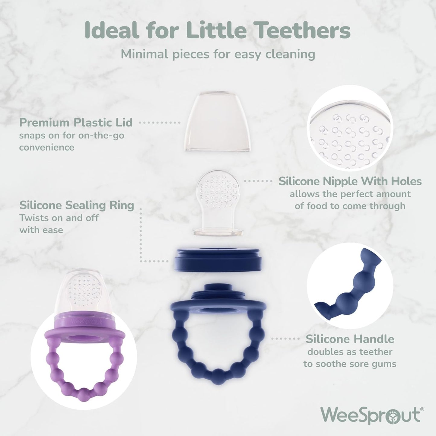 WeeSprout Silicone Baby Food Feeders + Freezer Tray for Batch Prep, Set of 2, Introduce New Foods Safely, Double as Teething Toys, Includes 2 Extra Pouches & Travel Lids, Dishwasher Safe