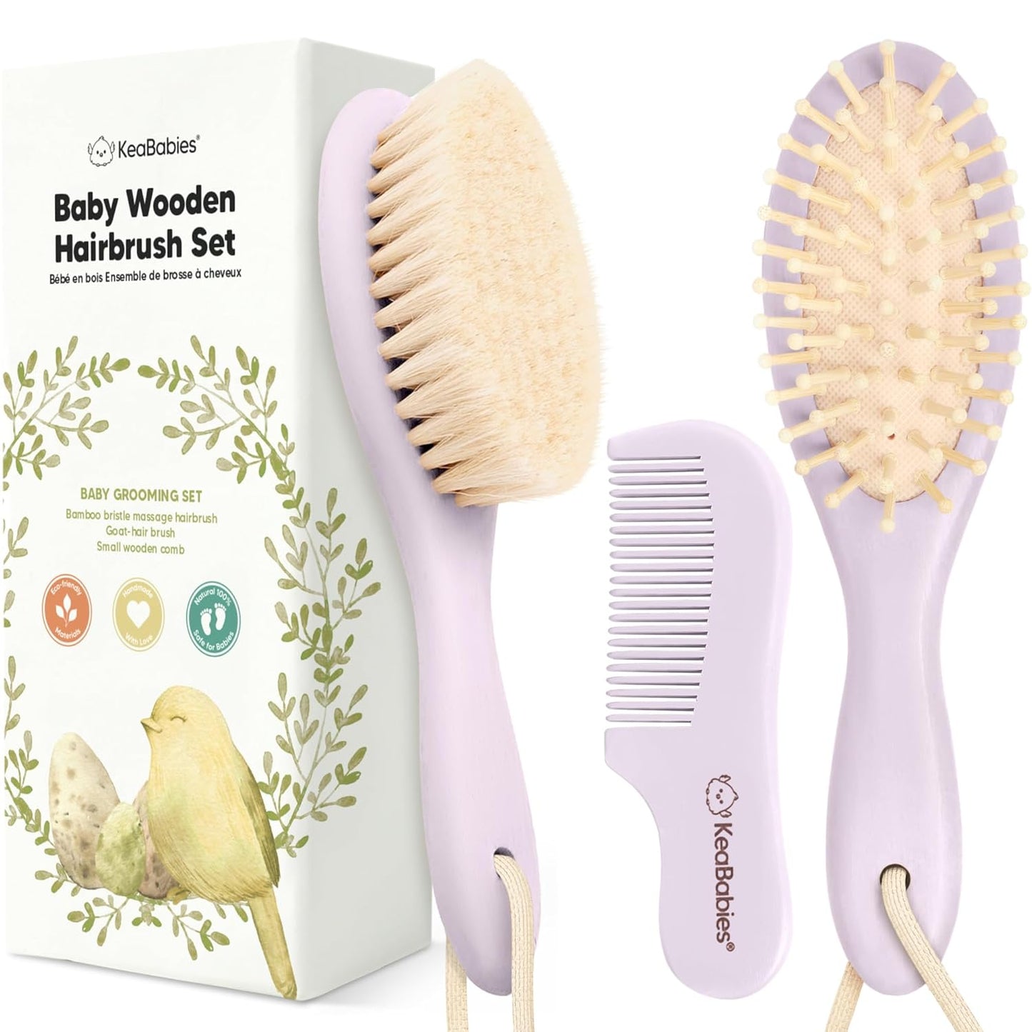 Baby Hair Brush and Comb Set for Newborn - Wooden Baby Hair Brush Set with Soft Goat Bristle, Baby Brush Set for Newborns, Baby Brush and Comb Set Girl, Boy, Toddler Cradle Cap Brush (Oval, Thistle)
