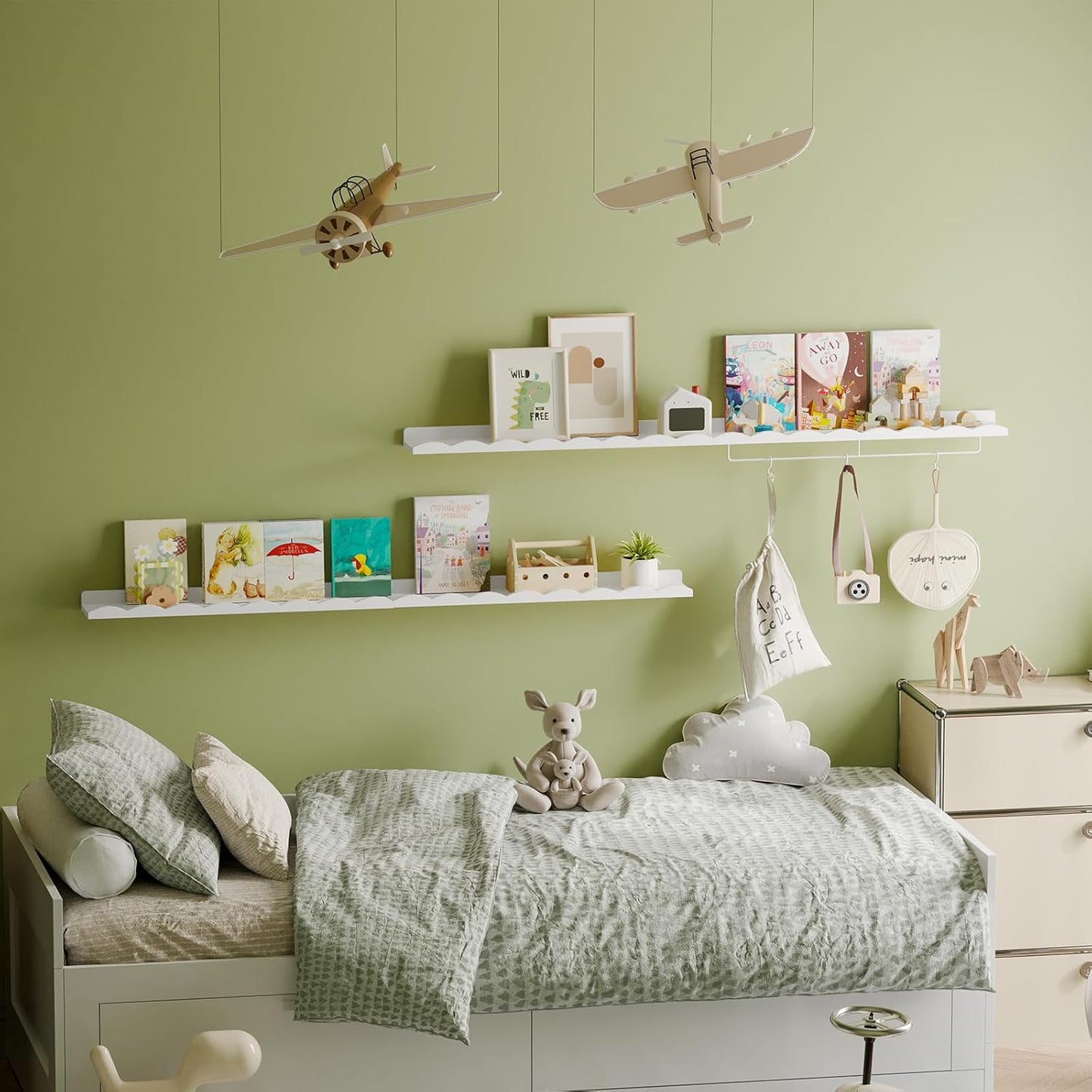 Fixwal Nursery Shelves, 24 Inch Floating Bookshelves for Wall Set of 4, Scalloped Wall Book Shelves with Towel Rack for Kids, Toddler Room, Baby Room, Nursery Decor and Storage(White)