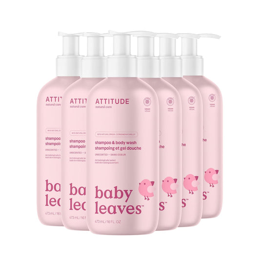 ATTITUDE 2-in-1 Shampoo and Body Wash for Baby, EWG Verified, Dermatologically Tested, Made with Naturally Derived Ingredients, Vegan, Unscented, 16 Fl Oz (Pack of 6)