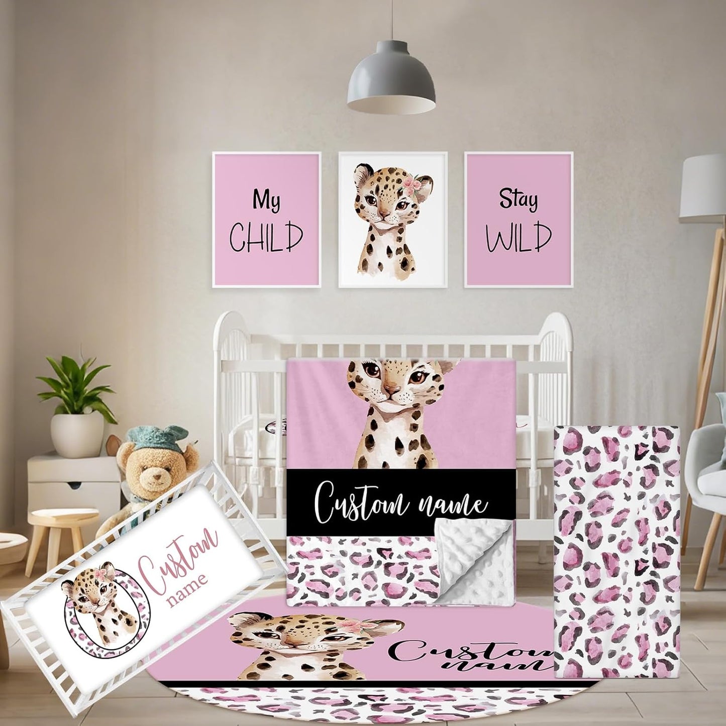 Personalized Baby Bedding Set, 5 Pcs Custom Baby Crib Sets with Name, Toddler Bedding Set for Baby Girls, Pink Leopard Double Layer Nursery Bedding Set, Customized Gifts for Infants Kids