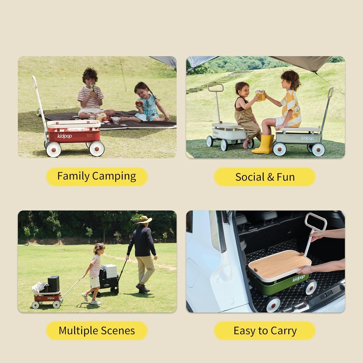 kidpop PULA-Wild 3-in-1 Kids' Pull-Along Wagon Toddlers Push Walker for 2.5-8, Removable Wooden Cover and Adjustable Handlebar, Birthday Gifts Max Weight 33 lbs (Red)