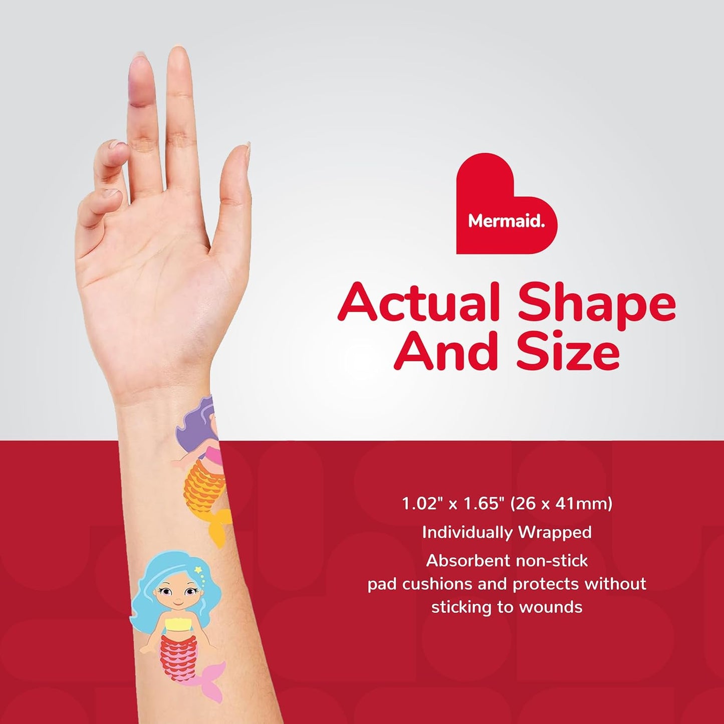 BioSwiss Bandages, Mermaid Shaped Self Adhesive Bandage, Latex Free Sterile Wound Care, Fun First Aid Kit Supplies for Kids, 24 Count