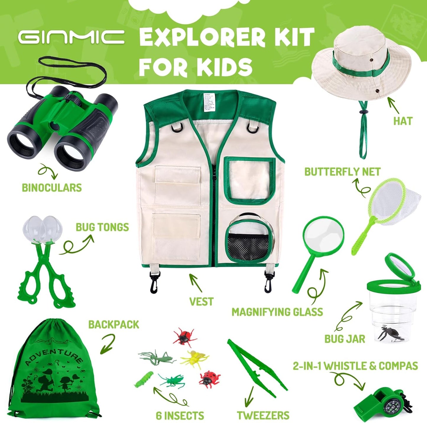 GINMIC Kids Explorer Kit & Bug Catching Kit, 16 Pcs Outdoor Exploration Safari Kit for Kids Camping with Binoculars, Adventure, Hunting, Hiking, Educational Toy Gift for 3-12 Years Old Boys Girls