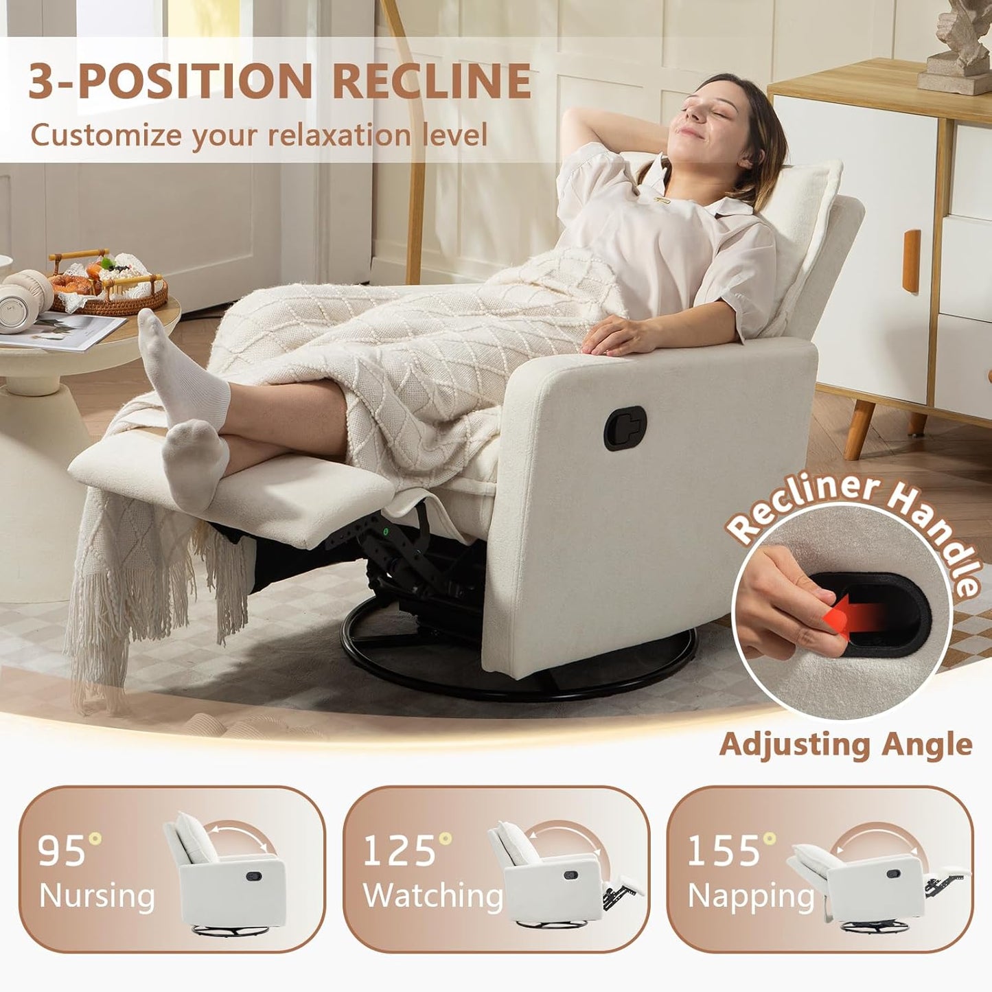 Swivel Rocking Recliner Chair for Nursery, Upholstered Glider Rocker Recliner, Swivel Reclining Chair for Nursery Living Room Bedroom, White Short Plush