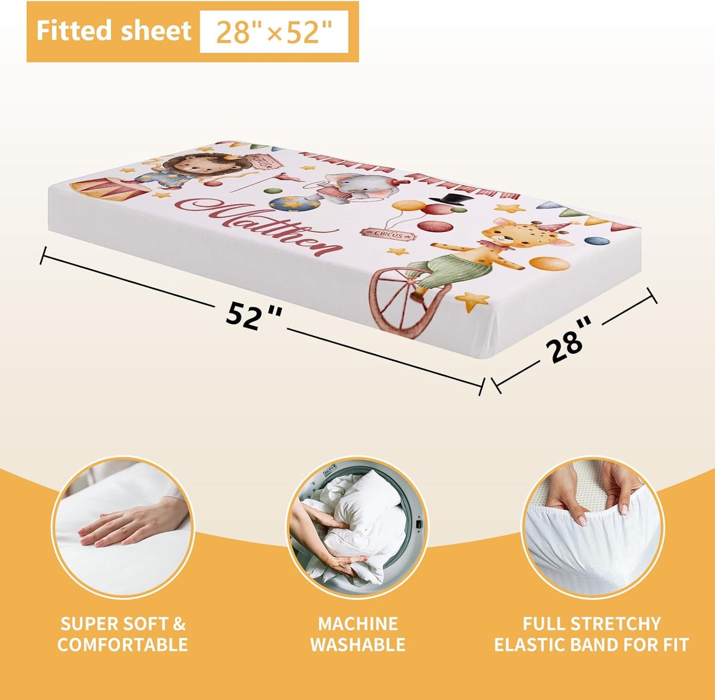 Custom Baby Crib Bedding Set, 5 Pcs Personalized Name Baby Crib Set with Double Layer Blanket, Soft Circus Animals Nursery Bedding Set for Girls Boys, Customized Gifts for Infants Toddlers