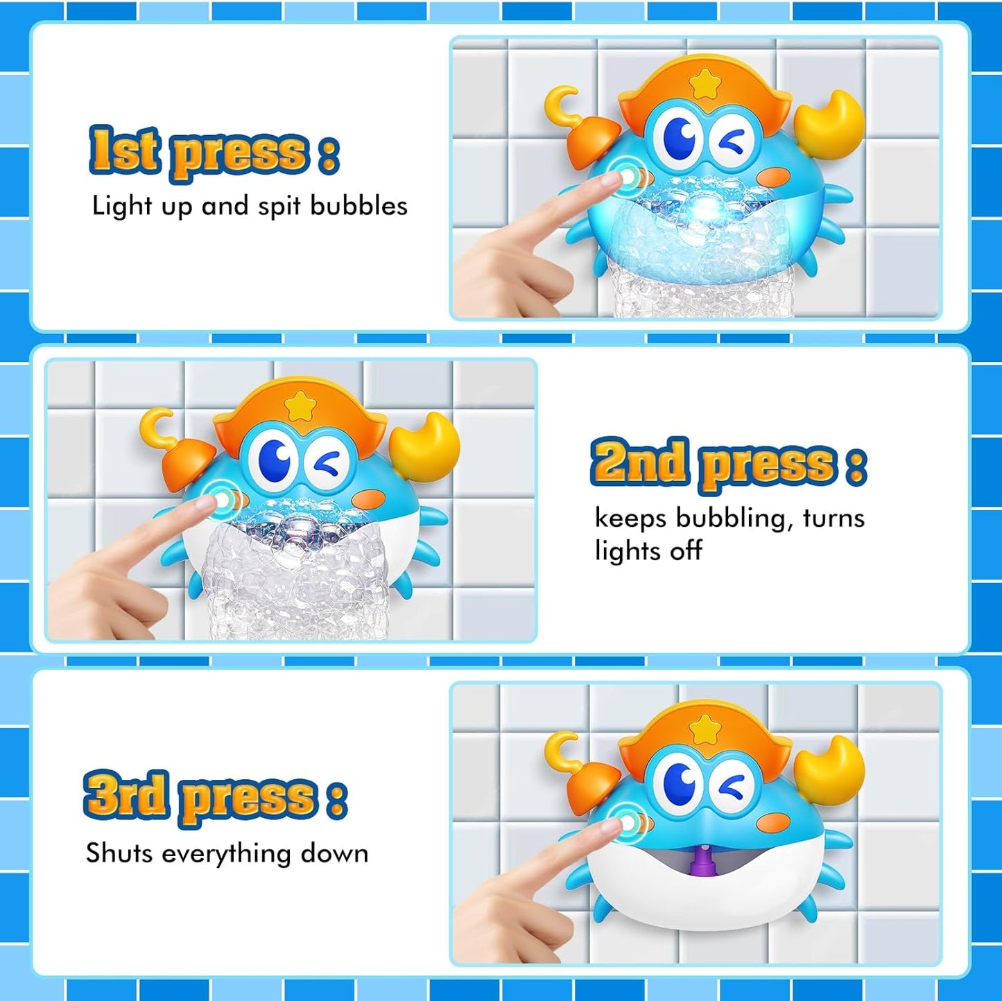 Baby Bath Toys,Light Up Crab Bubble Machine Blower with LED Lights,3 Cute Wind-Up Bath Toys for Kids Ages 1-3 4-8 Toddler Bathub Toy Great Birthday Gifts for Kids