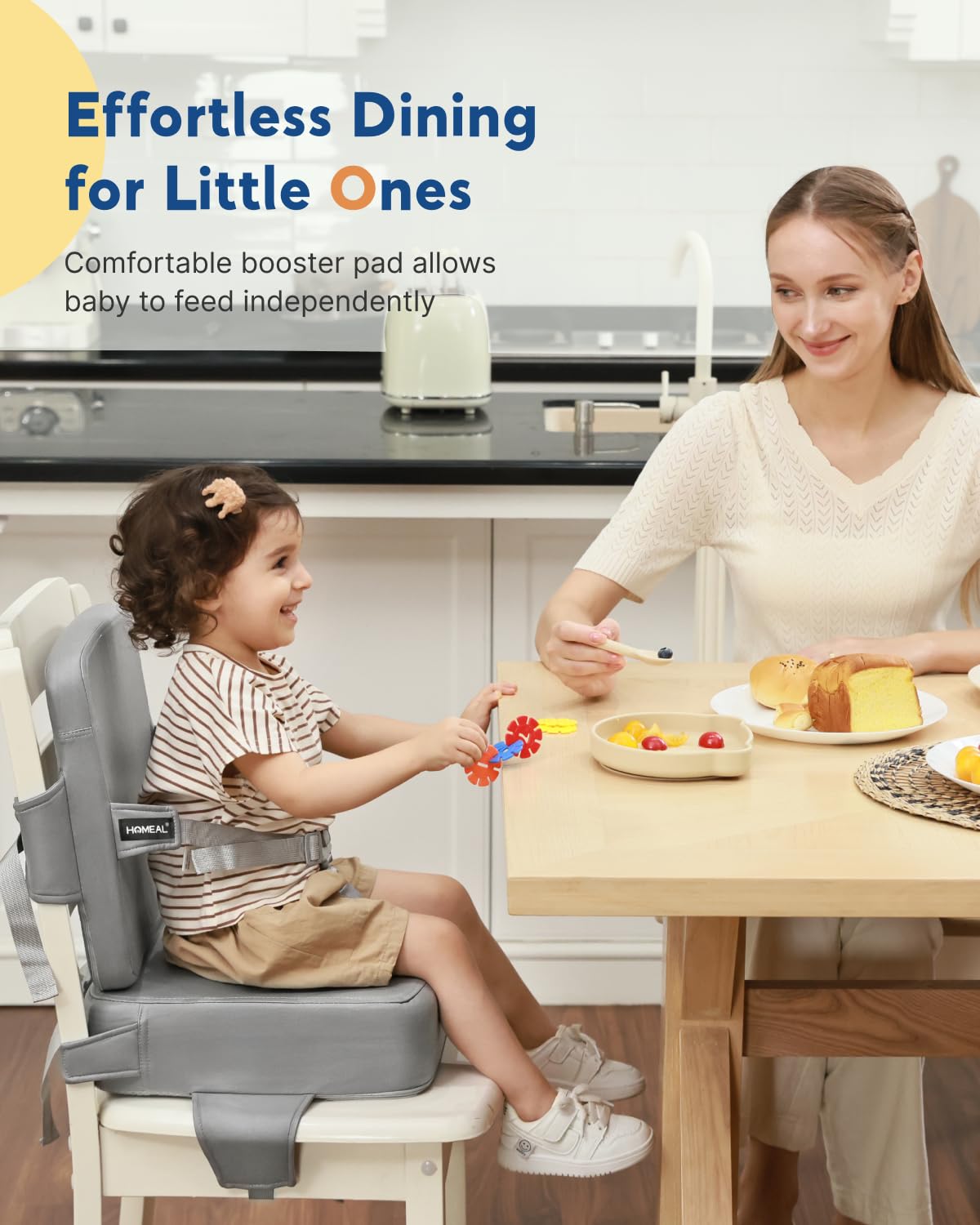 HOMEAL Booster Seat for Kitchen Chair - Compact Toddler Dining Seat with Easy-Install Straps & Wipeable Surface - Breathable Fabric Booster Seat for Table - Light Gray