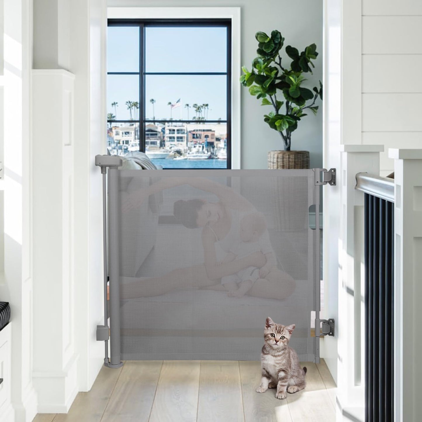 Retractable Baby Gate,Mesh Baby Gate or Mesh Dog Gate,33" Tall,Extends up to 71" Wide,Child Safety Gate for Doorways, Stairs, Hallways, Indoor/Outdoor, Grey