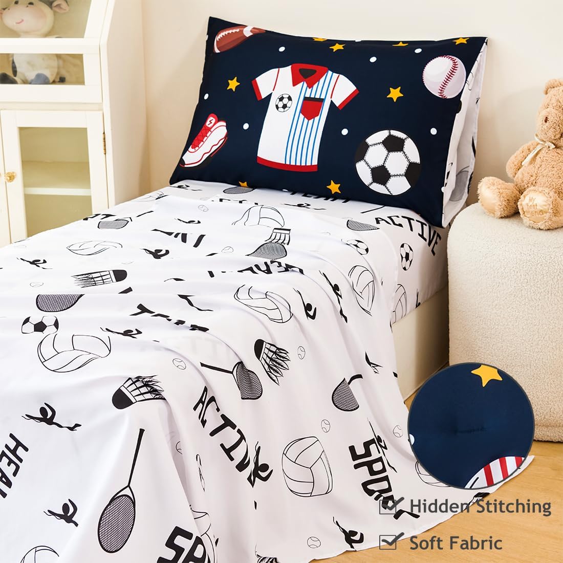PERFEMET 4 Pieces Sports Toddler Bedding Sets for Boys Reversible Baseball Football Toddler Bed Set with Sheets Soft Fluffy Navy Blue Sport Kids Bed in a Bag for Bedroom(Sport, Toddler)