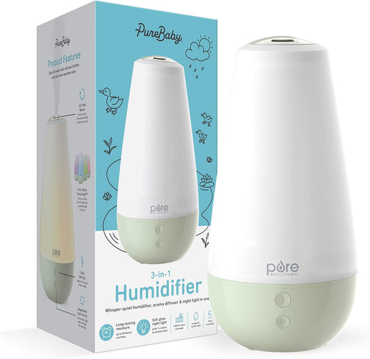 Pure Enrichment® PureBaby® 3-in-1 Whisper-Quiet Humidifier, Color Changing Night Light, & Essential Oil Diffuser for Baby Nursery & Kids Bedroom to Relieve Congestion, Colds, & Coughs (Whisper Green)