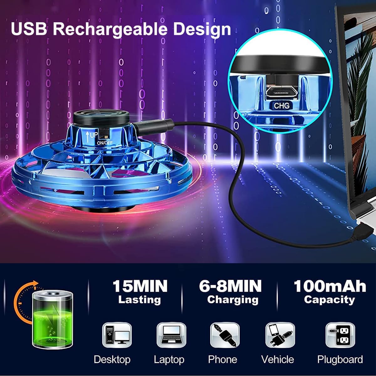 Flying I fly Spinner, Fidget Spinner Flying Toys, Mini Fly UFO Hand Controlled Boomerang Drone, Cool Stuff Gadgets Gifts for Kids Boys Girls Teens 8 9 10+ Year Old Indoor Outdoor (Blue)