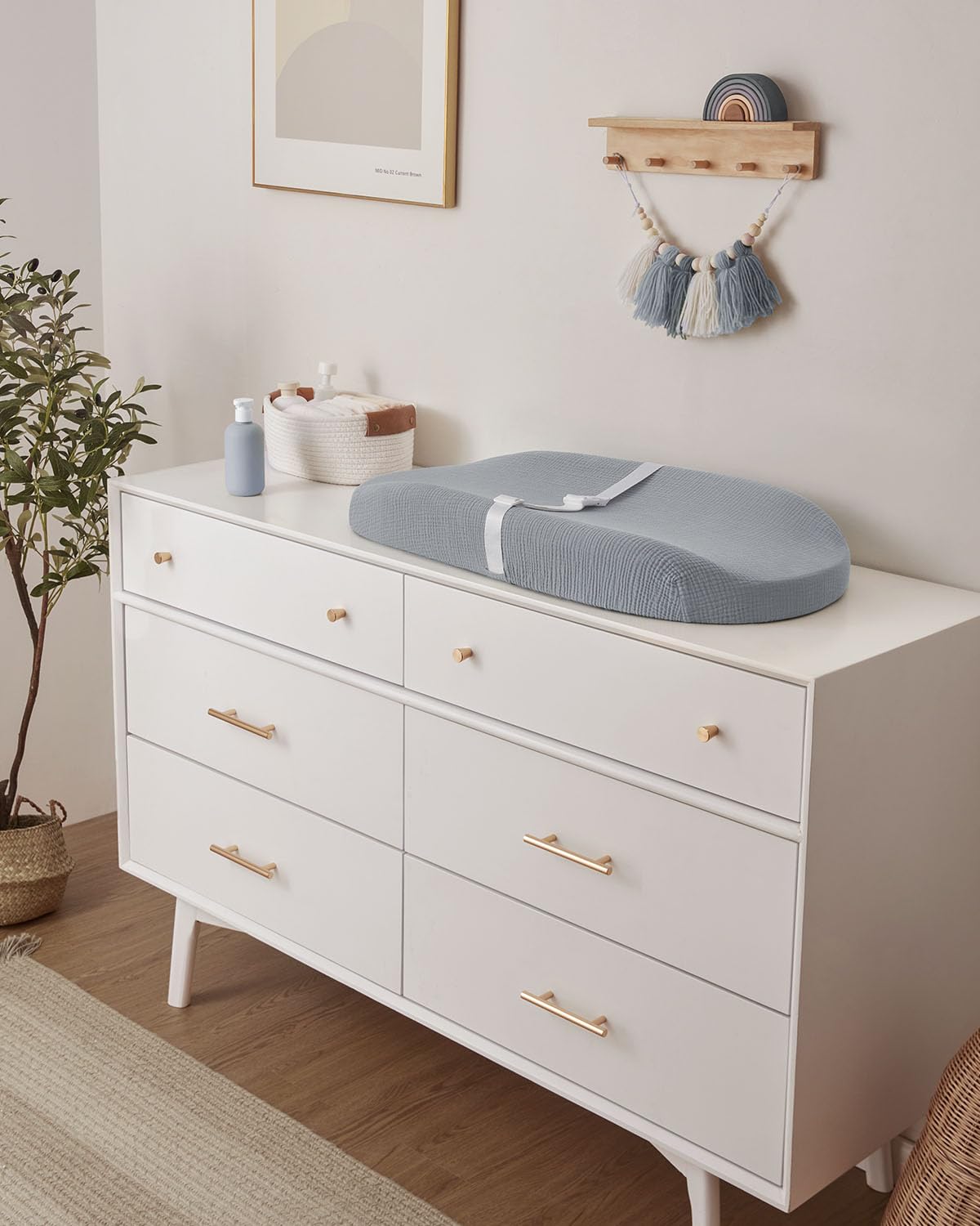 Blissful Diary Muslin Baby Changing Pad with Waterproof Lining Foam, Diaper Changing Table Pad with Cover for Dressers (Gray, Avocado)