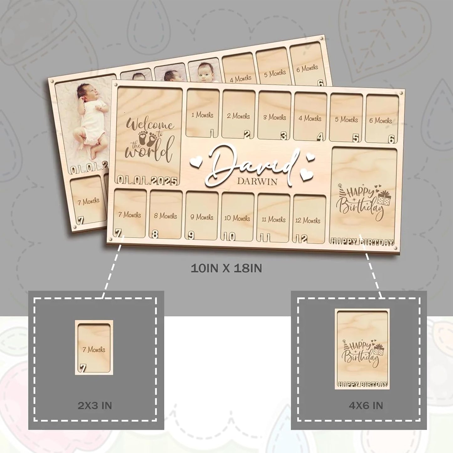 Personalized My First Year Photo Frame | 12 Months Picture Frame For Baby First Year | Displays Two 4x6 Photo and Twelve 2x3 Pictures | Birthday Party Decor Newborn Memory Keepsake, Style MP5