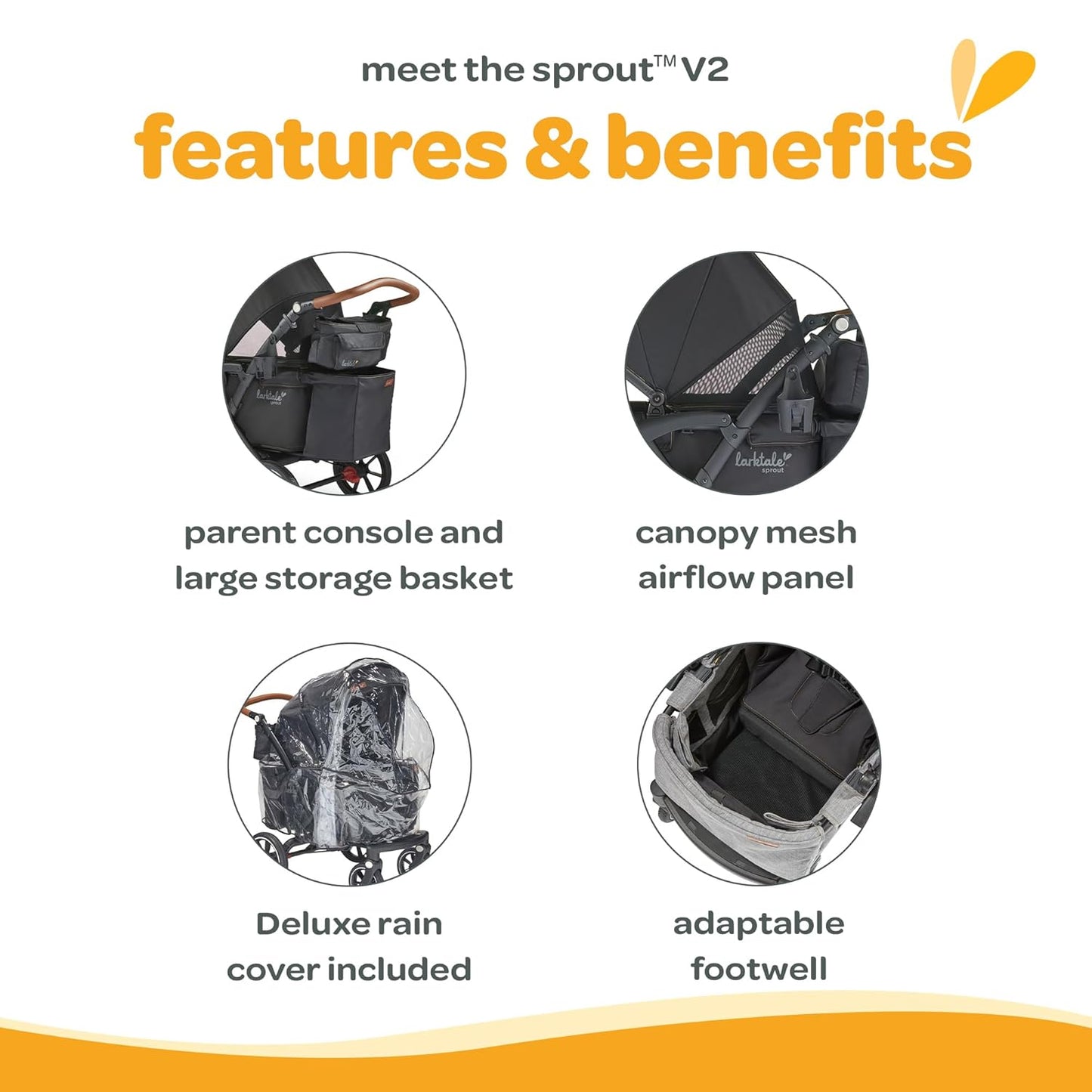 Larktale Adjustable Stroller, 2 Seater Kids Wagon, 120 Pound Capacity, Sprout V2, Black