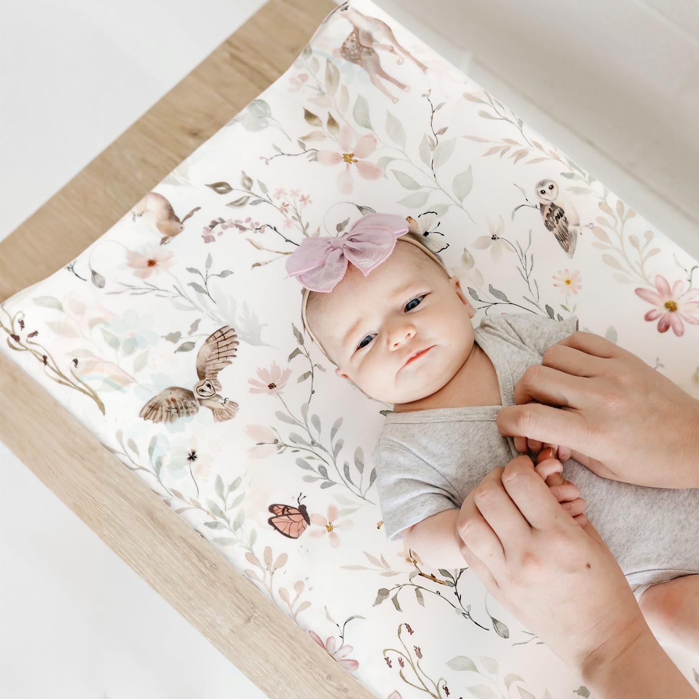 GRSSDER Stretch Ultra Soft Jersey Knit Changing Pad Cover Set 2 Pack, Change Table Pad Covers Fit 32"/34" x 16" Pads Safe and Snug, Beautiful Blush Pink Floral and Cute Animals Print for Girls