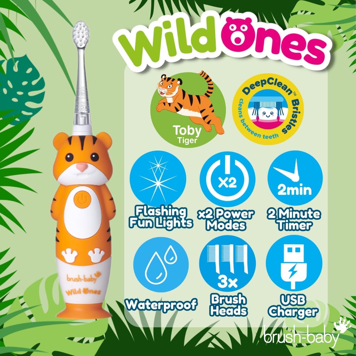 brush-baby WildOnes™ Rechargeable Kids Electric Toothbrush – Toby Tiger | Flashing Lights, 2-Min Timer, Waterproof, 3 Brush Heads | Toddler & Child Toothbrush Ages 0-10 | Soft Bristles
