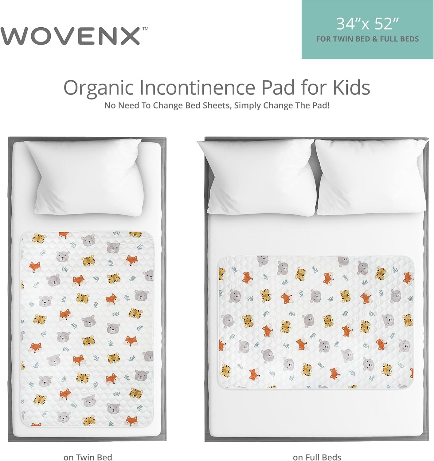 Organic Incontinence Pads for Kids & Toddlers - 5 Layer Waterproof Protectors for Overnight Bed Wetting - Reusable & Washable Pee Pads - Fits Twin to Full Size Beds - 34" x 52" Tiger Bear Fox