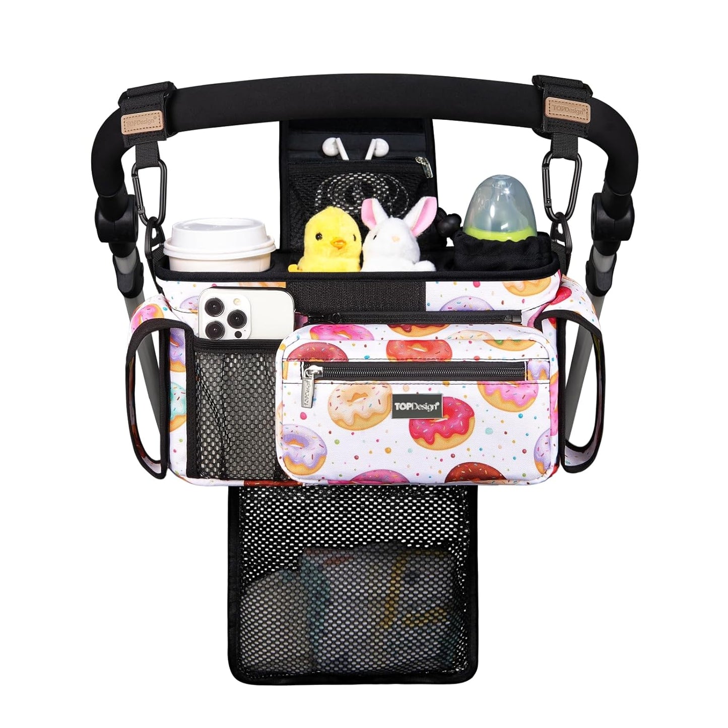 TOPDesign Universal Baby Stroller Organizer, Stroller Caddy with Detachable Mesh Bag & Heightened Insulated Cup Holders & Non-Slip Secure Hooks Accessories, Fits Most Strollers (Donuts)