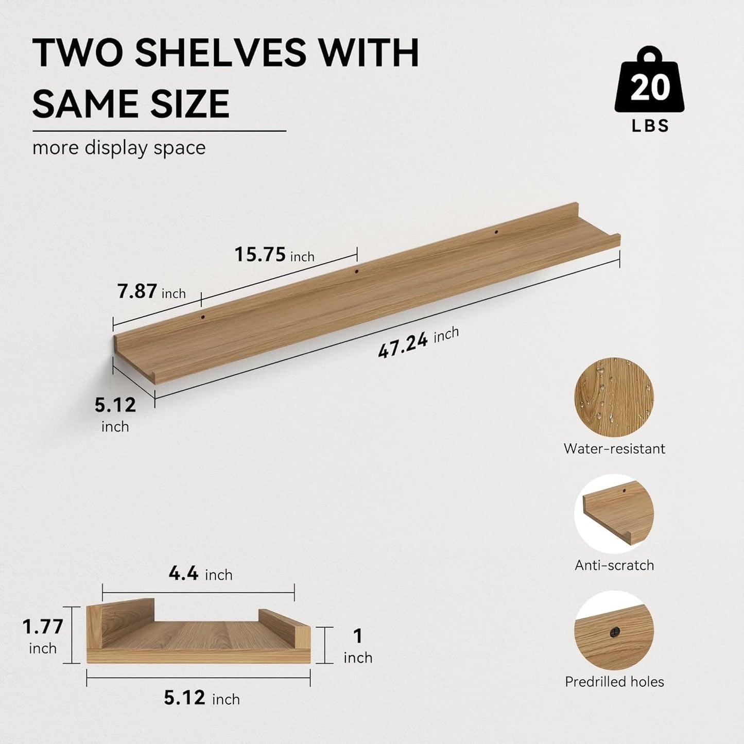 47.2 Inches Long Floating Shelves Wall Mounted, 2 Set Rustic Wall Shelf for Bedroom, Nursery Book Shelf with Lip, Picture Ledge Shelf for Wall Decor Living Room Bathroom Kitchen - Oak