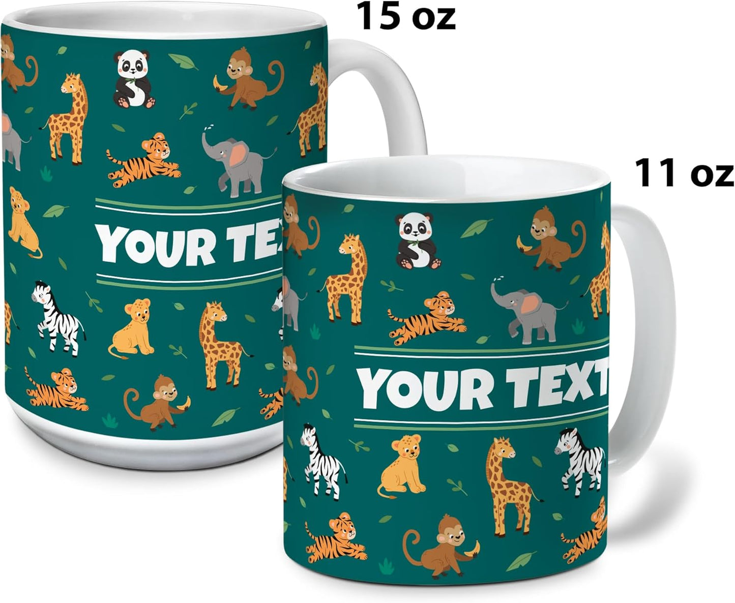 Personalized Mug for Kids - Zoo Animals - Custom Name/Text, Ceramic Hot Chocolate/Cocoa/Coffee Cup for Boys/Girls, Birthday/Christmas/Holiday Gift - 15 oz, Black Handle