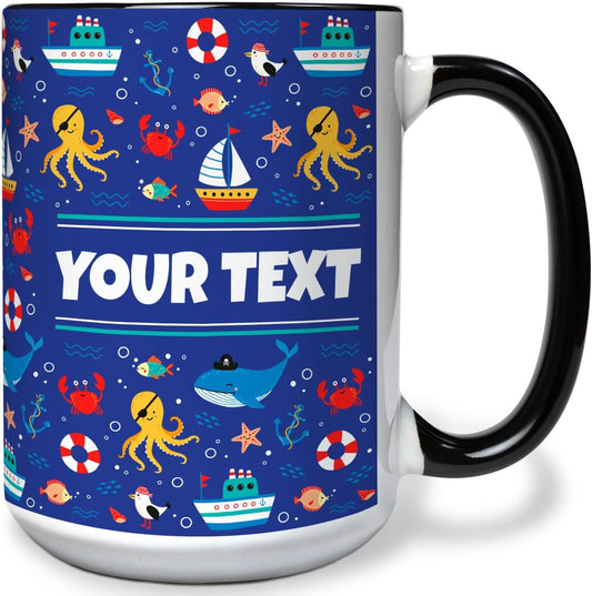 Personalized Mug for Kids - Nautical - Custom Name/Text, Ceramic Hot Chocolate/Cocoa/Coffee Cup for Boys/Girls, Birthday/Christmas/Holiday Gift - 15 oz, Black Handle