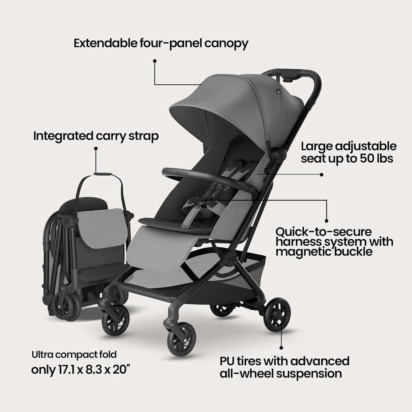 Mompush Velo Lightweight Travel Stroller – One-Hand Fold, Ultra-Compact & Airplane Friendly, Lie-Flat Recline Seat (from Birth to 50 lbs), Includes Cup Holder, Shoulder Strap, and Leather Bumper Bar