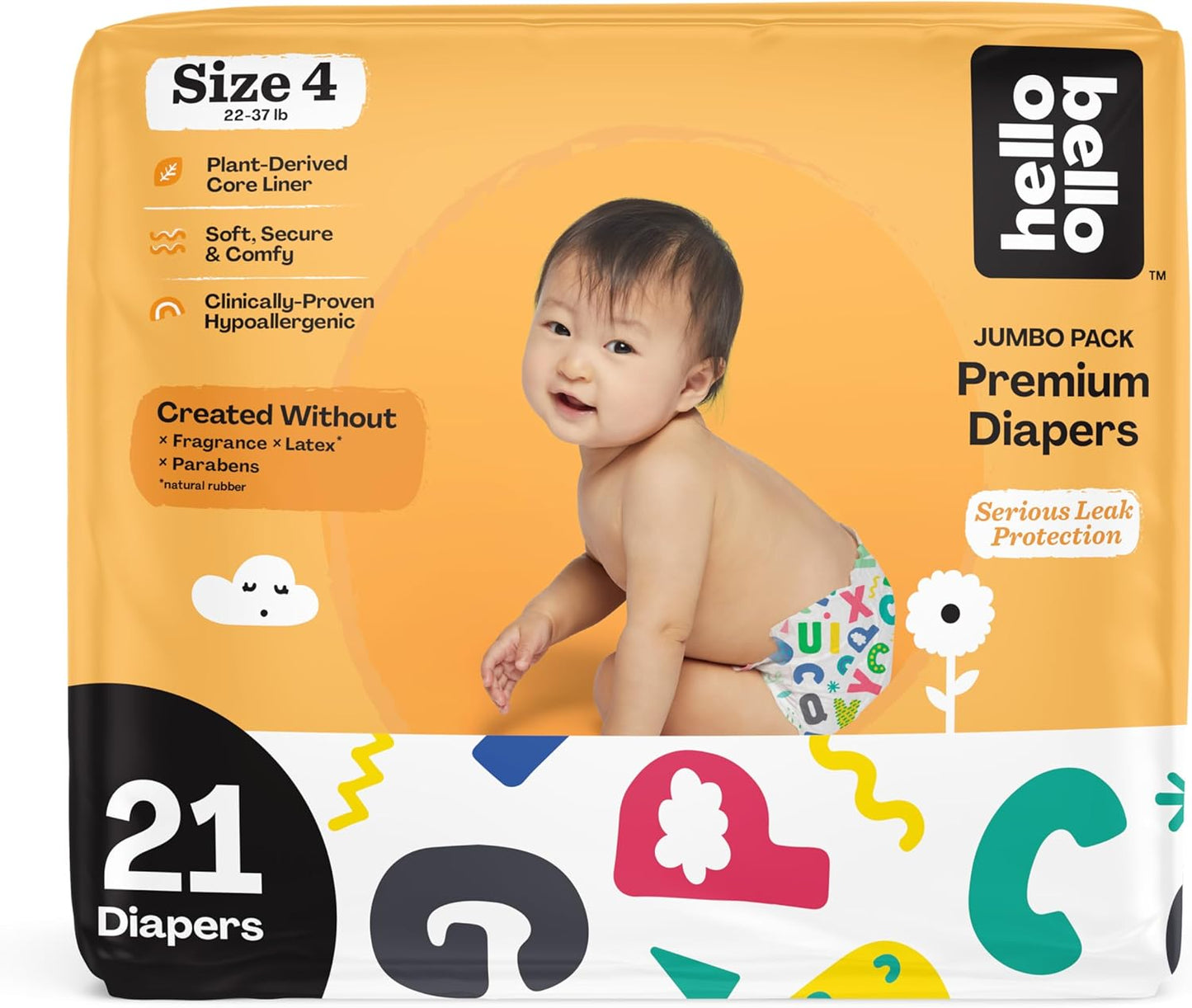 Hello Bello Premium Baby Diapers Size 4, 21 Count of Disposable, Extra-Absorbent, Hypoallergenic Baby Diapers with Snug and Comfort Fit, Alphabet Soup