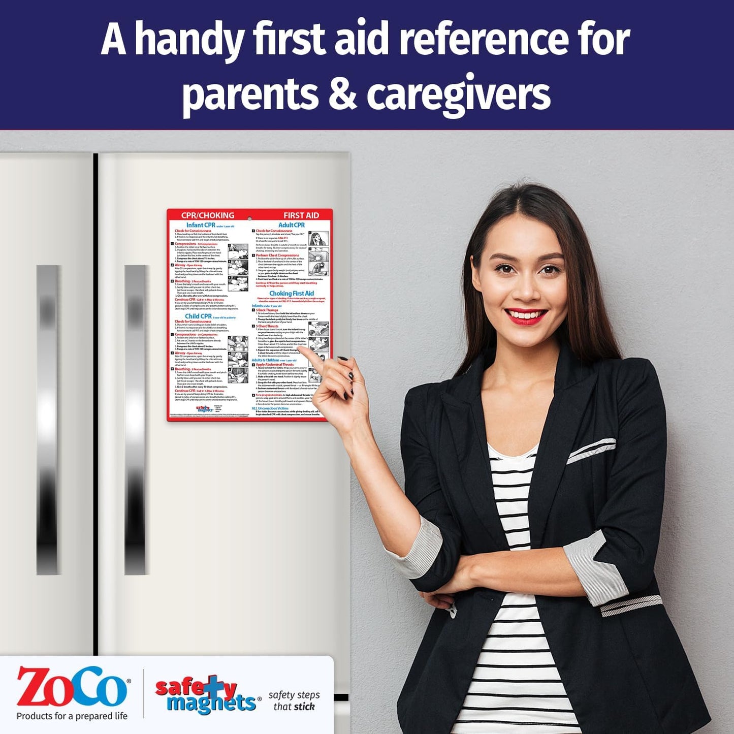 Safety Magnets by ZOCO – CPR & Choking Fridge Magnet (10-Pack) – First Aid Instructions for Infants, Children, & Adults – Heimlich Maneuver Laminated Card 8.5" x 11"