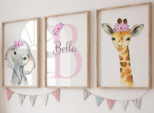 Personalized Safari Animals for Baby Girls Nursery, Set of 3 Unframed Poster Prints, Personalized Name Pink Lilac Floral, Girls Bedroom Decor, Elephant Giraffe (8x10)