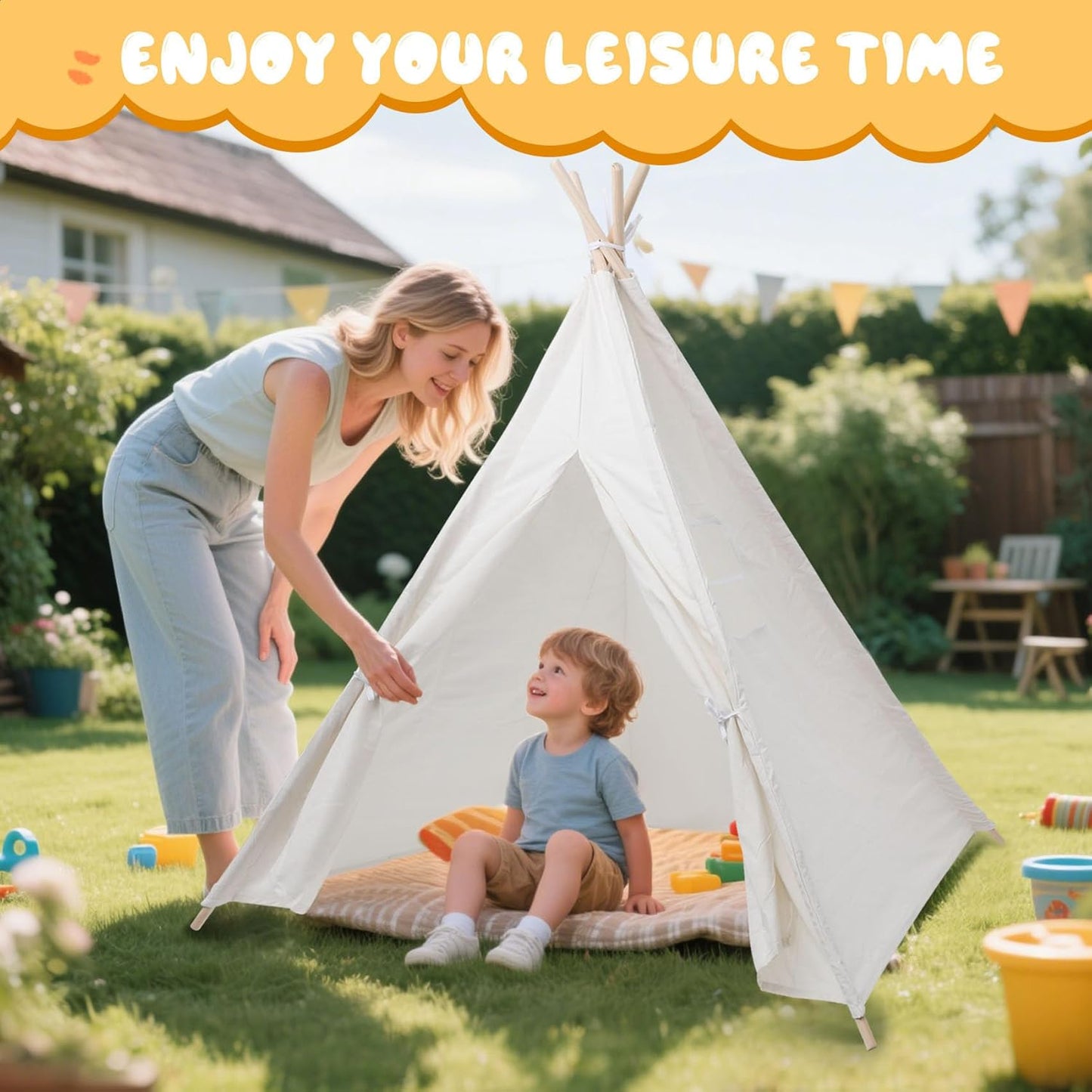 6 Pack Teepee Tent for Kids [Thickened] with Light String and Inflatable Airbed, Slumber Party Tents, Sleepover Tents Party for Girls Boys Indoor Outdoor (White)