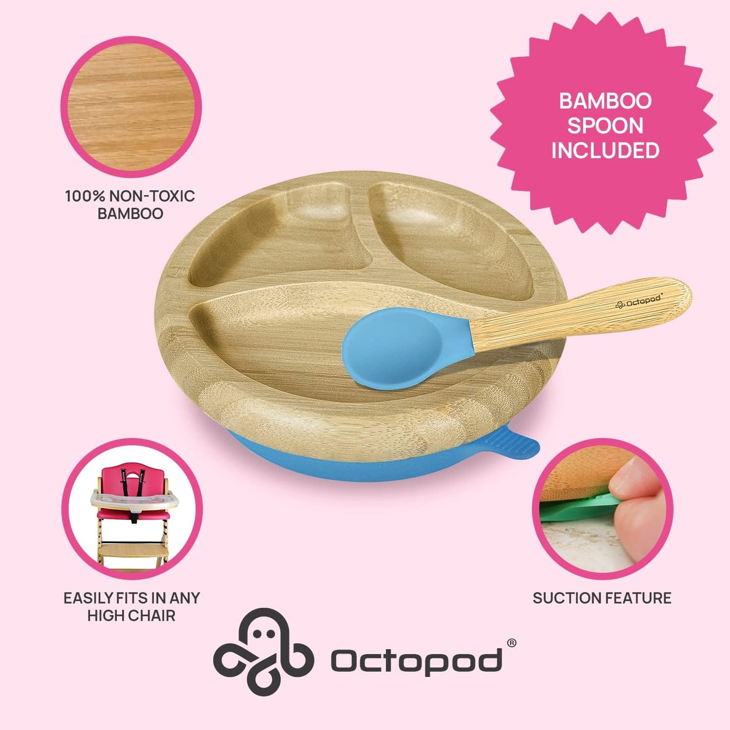 Abiie Octopod Bamboo Dish - Kids Plates for 4 months and up, 3-Compartment Baby Plates with Suction, Round Bamboo Baby Plate, Mess-Free Toddler Suction Plates, Baby Feeding Supplies, 7.5 x 7.5 x 1.9in
