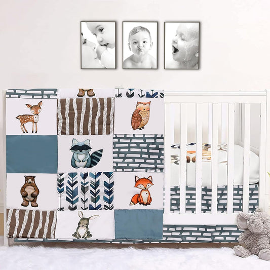 PINNKKU 3-Piece Crib Bedding Set for Boys, Includes Crib Skirt, Blanket, Sheet, Woodland Animals, Standard Size